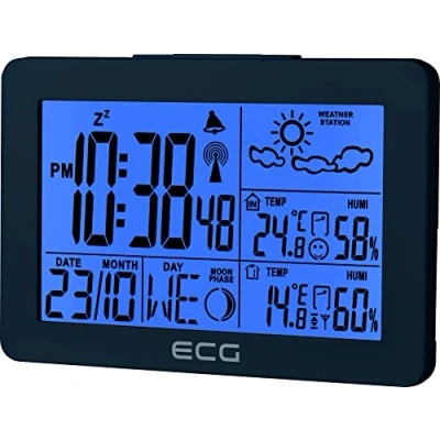 Image de Station météo ECG MS 200 avec capteur radio jusqu&#039;à 30 mètres, thermomètre, hygromètre, prévisions pour les prochaines 24 heures en 4 modes, heure, réveil, gris