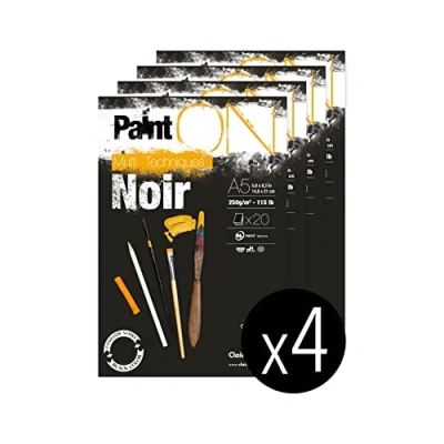 Image de Clairefontaine 975168C Bloc Collé PaintON Multi techniques 20 Feuilles Papier Dessin au Grain Légèrement Rugeux Noir A5 14,8x21 cm 250g Paquet de 4 Blocs