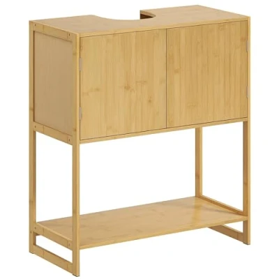 Image de HOMCOM Meuble sous lavabo Salle de Bain Vasque en Bambou 2 Portes et 1 étagère 70L x 33l 79,5H cm Naturel