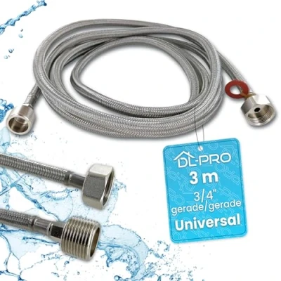 Image de DL pro Rallonge de tuyau d&#039;arrivée 3 m 3/4&quot; droit/droit 15 à +90 en acier inoxydable pour machine laver, lave vaisselle