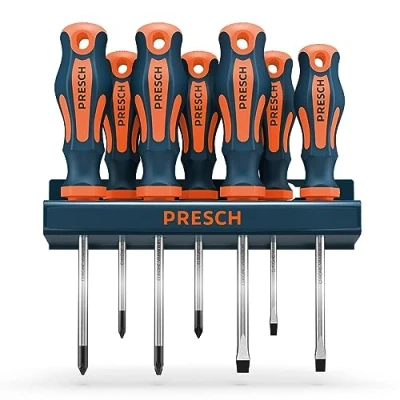 Image de Presch Jeu de 7 tournevis professionnels Set avec têtes plates et cruciformes pour différentes vis types (PZ, PH, SL) Outils qualité support mural