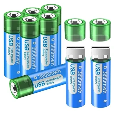 Image de Piles AA Rechargeables par USB 3000 mWh/Lithium Lot de 8 Li ION Mignon 1,5 V Haute Capacité Charge Rapide