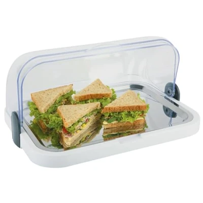 Image de APS Buffet Showcase Capot Transparent à enroulement Qui s&#039;ouvre des Deux côtés, Un Bol, Plateau en Acier Inoxydable et accumulateurs de Froid Made in Germany