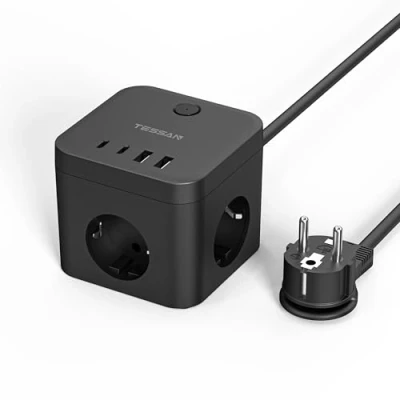 Image de TESSAN Multiprise avec USB C PD 20W Chargeur Rapide, Cube 3 Prises 2 et A, 3680W Interrupteur Rallonge Electrique 1,5M pour Bureau, Noir