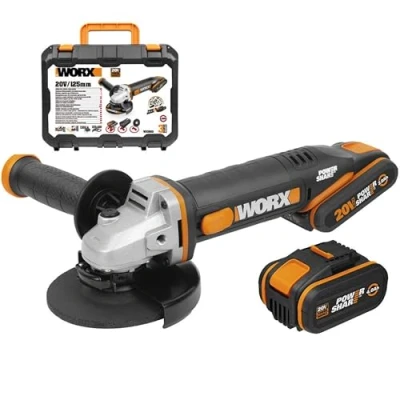 Image de WORX Meuleuse d&#039;Angle sans Fil Electrique Avec Batterie 20 V 2,0 Ah/4,0 Ah 2 Batteries et Chargeur, Poignée Auxiliaire, Disque, Coffret de rangement Ø 125 mm WX803