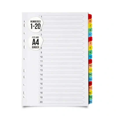 Image de Intercalaires A4 20 pièces numérotées de 1 à parties avec onglets couleur renforcés multiperforés 150 g/m²