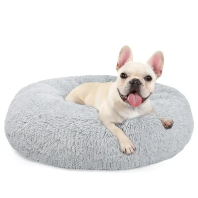 Image de MDDK DY Lit pour chat moelleux et lavable Design donut Diamètre : 60 cm Avec base antidérapante Panier de couchage en peluche petits grands chiens Coussin Gris clair