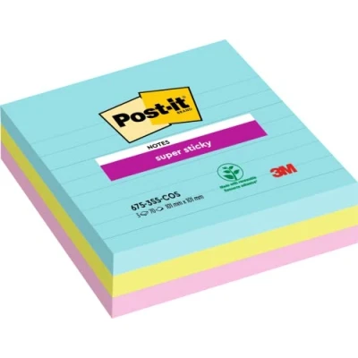 Image de Les notes Super Sticky Post it grand format, collection Cosmic, lignées, 101x101mm, 90feuilles/bloc, 3blocs/emballage
