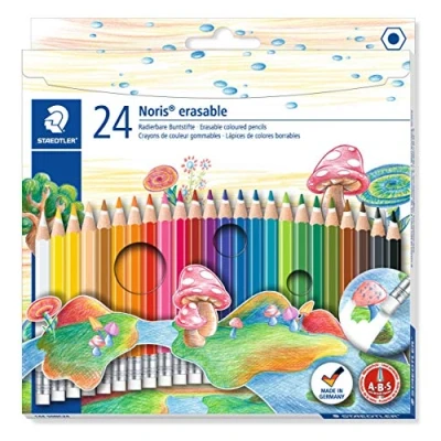 Image de Staedtler Noris Erasable, Crayons de couleur gommables avec système anti casse, Mine douce 3 mm, Étui carton 24 couleurs vives différentes, 144 50NC24