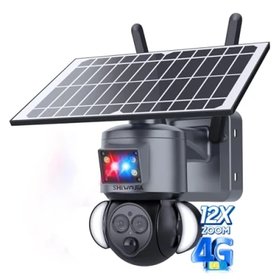 Image de SHIWOJIA Camera Solaire Exterieur 4g sans Fil, 6MP + 12X Zoom Double Objectif Caméra Détection Humaine PIR lumières Clignotantes Rouges et Bleues