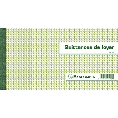 Image de Exacompta Réf. 40E 1 &quot;Carnet à souche QUITTANCES DE LOYER 50 feuillets papier chèque amagnétique 95g/m2 Clairefontaine Chaque feuillet est prédécoupé format horizontal 130 x 250 mm