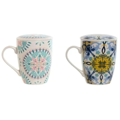 Image de Home ESPRIT Lot de 2 tasses avec filtre pour infusions Bleu Blanc Turquoise Méditerranée 340 ml