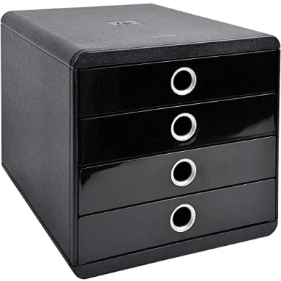 Image de Exacompta Réf. 314438D POP BOX Caisson 4 tiroirs fermés pour document A4+ Dimensions extérieures : Profondeur 34,70 x largeur 27,80 Hauteur 26,70cm Noir/argent