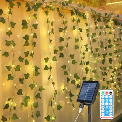 Image de GuKKK Guirlande Lumineuse Solaire Extérieure, 3 * 1m 160 Leds Noël Rideau Lumineux, Lierre Artificiel Solaire, Guinguette Étanche 8 Modes Lumiere Décoration, pour Jardin