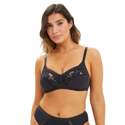Image de sans Complexe, Soutien Gorge Armature, Modèle Coton d&#039;Arum, Empiècements de Dentelle Florale ajourée, Bonnets et Basque renforcés, Bretelles Larges, Ajustables satinées, Noir, 90C