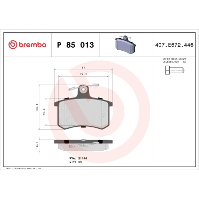Image de BREMBO P 85 013 Jeu de plaquettes frein contact signal d&#039;usure exclu avec vis d&#039;étrier sans accessoires AUDI: A4 B5 Avant, Cabriolet B4