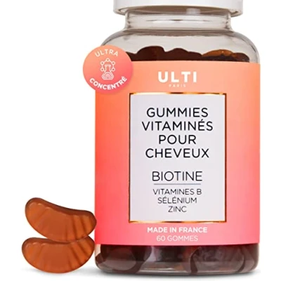 Image de Ulti Paris Gummies à la biotine pour pousse des cheveux complement alimentaire vitamine B12 D E Végan &amp; Made in France zinc repousse