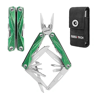 Image de Swiss+Tech Pince Multifonction en Acier Inoxydable 16 1 avec Structure Autoverrouillée, Couteau Etui Scie Tournevis Lime Ouvre Boîte (Vert Vintage)