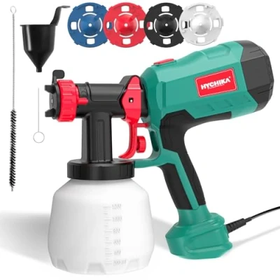 Image de HYCHIKA Pistolet a Peinture, 600W HVLP Réservoir 1200ML, 4 Buses et 2 Outils de Nettoyage, Facile à Nettoyer, Pulvérisateur Peinture 3 Motifs pour Murs Plafonds, Clôtures