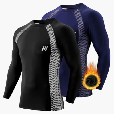 Image de MEETWEE Tee Shirt Thermique Homme, Manche Longue Maillot de Compression Base Layer sous Vêtements pour Sports Ski Running, Lot 2, Noir et Bleu, Taille S