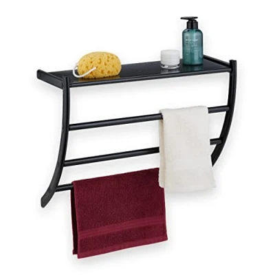 Image de Relaxdays Porte Serviettes Mural, HxLxP: 44 x 56,5 23 cm, Tablette &amp; 3 Barres, Support Salle de Bain, Noir