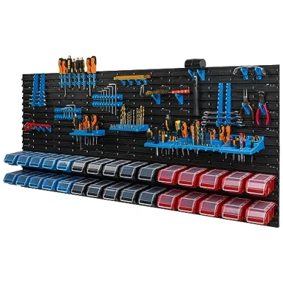 Image de Lot de 30 boîtes rangement empilables avec couvercle, panneau porte outil 178 x 78 cm, systeme garage atelier, banc travail, pour outils a main