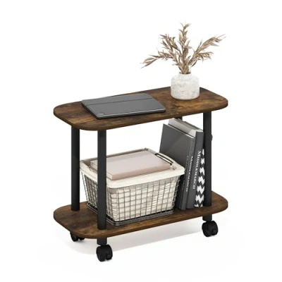 Image de Furinno Turn N Tube Table d&#039;appoint Ovale Moderne avec roulettes, Pin Ambré/Noir