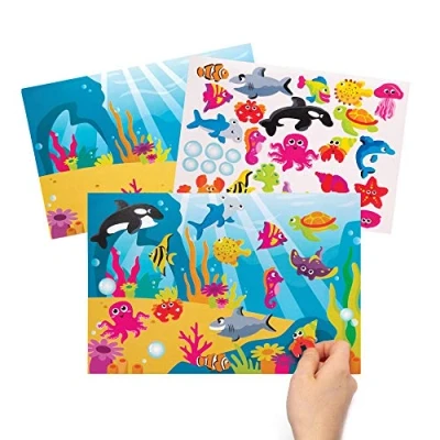 Image de Baker Ross Scènes de la vie marine avec autocollants réutilisables (lot 4) Feuilles décor que les enfants pourront décorer des autocollants.