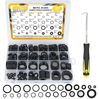 Image de 380 Pièces Rondelles en Caoutchouc, 8 Tailles de Robinet Caoutchouc et Silicone 16 Kits Joints Toriques avec 1 Crochet, pour Robinet, Tuyau Douche, Plomberie