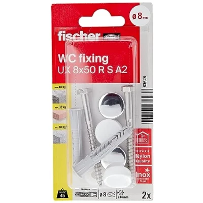 Image de fischer Kit de fixations pour WC N K comprenant 8 pièces/2 chevilles universelles, 2 vis 6x70, rondelles fixation, capuchons blanscs, chromes 83628