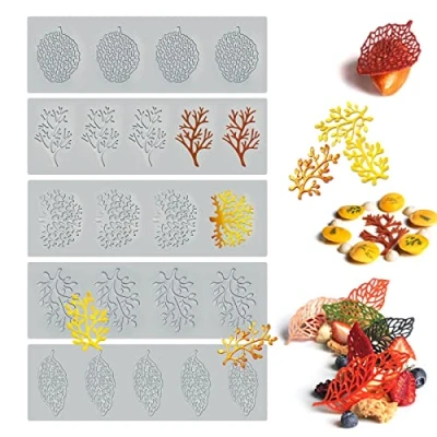 Image de Lot de 5 Moules cuisson en silicone forme feuille à gâteau creux 3D branche corail pour la cuisson, résine, l&#039;argile, le sucre,