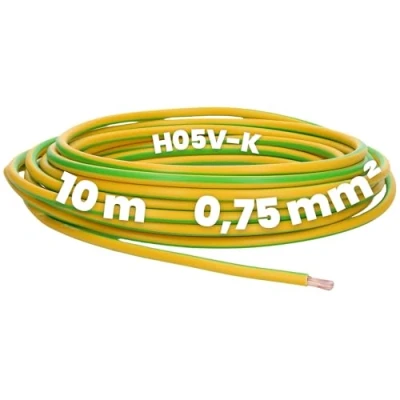 Image de Kalitec Câble de Câblage H05V K 0,75 mm² vert/jaune 10 m fil unique en PVC Toron à fin monofil ignifuge