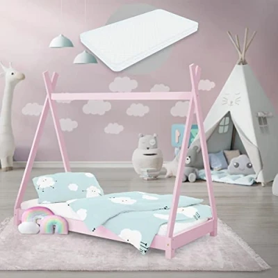 Image de ML Design Lit d&#039;enfant Tipi 70 x 140 cm Rose avec Matelas à Mousse Froide Hypoallergénique et Sommier Lattes, Housse Amovible Respirant Lavable, Cadre de Style Indien en Bois Pin Massif