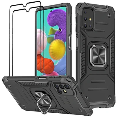 Image de KANSI Coque Compatible pour Samsung Galaxy A51, Verre Trempé [2 Pièces] Housse TPU Silicone Rotation 360 Aimant Anneau Support Double Défense Protection Etui A51 Noir