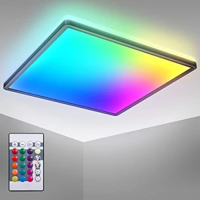 Image de B.K.Licht panneau led à lumière indirecte, télécommande, colorée RGB+W, dalle led, plafond, plafonnier lustre salon, cuisine, chambre, 42x42x3 cm, noir