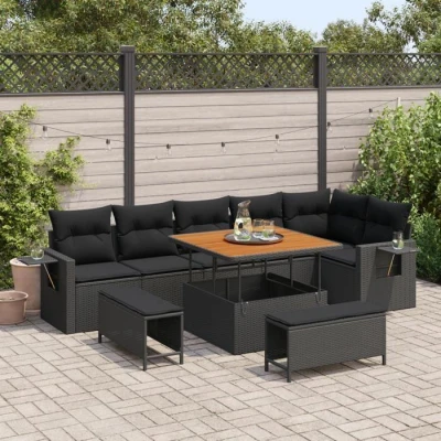 Image de Set de canapé jardin 9 pièces vidaXL avec coussins Noir Rotin Acacia, Ensemble salle à manger 3 3361754
