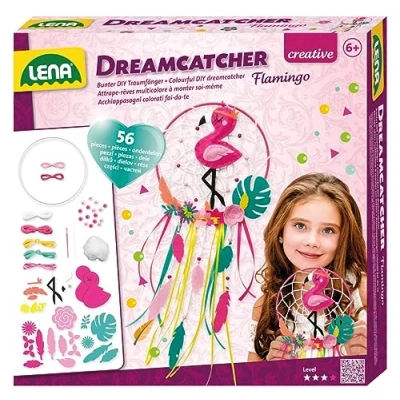 Image de Lena 42700 kit de Bricolage Dreamcatcher Flamingo, 56 pièces, pour fabriquer Un Attrape rêves avec Anneau, Rubans et ficelles colorés, Perles Fleurs en Tissu, Enfants à partir 6 Ans