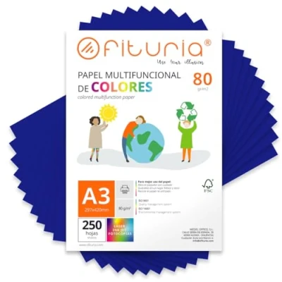 Image de Feuilles de couleur, Pack 250 A3 80gr Papier couleur pour loisirs créatifs, imprimante, scrapbooking colorées Idéal origami, pliage, bureau et école (Bleu Oscuro, 250h)