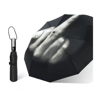Image de parapluie pliant doigt d&#039;honneur, 1 à geste international amusant entièrement automatique, compact double couche, protection solaire en vinyle et de UV, parapl