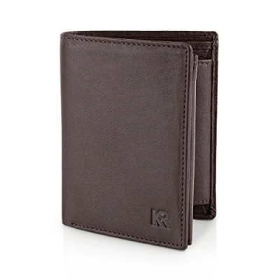 Image de KRONIFY Portefeuille pour Hommes Porte Monnaie en Cuir véritable Protection RFID Compartiment à 13 Compartiments Cartes Couture renforcée Format Vertical Naturel Brun foncé