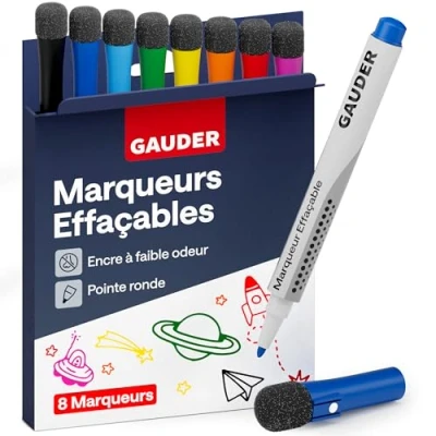 Image de GAUDER Set de Marqueurs Tableau Blanc (8 pièces) Feutres couleurs) Effaçable à sec et sans résidus Effaçables avec éponge, idéal pour tableaux blancs