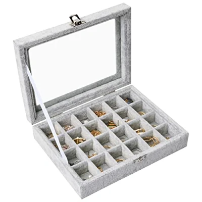Image de Catime 24 Grilles Boite a Bijoux en Velours, Détachable Boîte Vitrine à Bijoux,Boite Rangement Bague avec Compartiments,Couvercle Transparent Plateau Présentation (Gris)