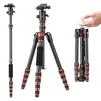 Image de K&amp;F Concept Trepied Carbone Monopode Appareil Photo 153cm, Trépied Professionel Compact BA225 pour DSLR, Voyage Leger 5 Sections avec Rotule Metal Sac Transport Inclus Max:8kg