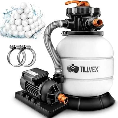 Image de tillvex® Système de Filtre à Sable 7.900L/h + 400g Boules 7 Fonctions Filtration &amp; Adaptateur 2en1 Ø32 38mm piscine avec indicateur pression (Blanc/Orange)