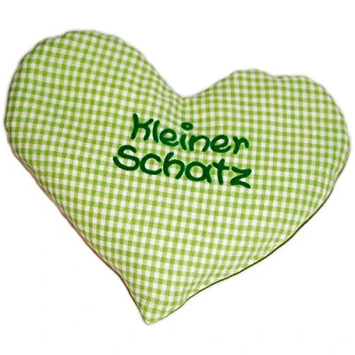 Image de coussin en forme de cœur « Petit trésor » vert à carreaux, chauffant graines colza, cadeau naissance, baptême