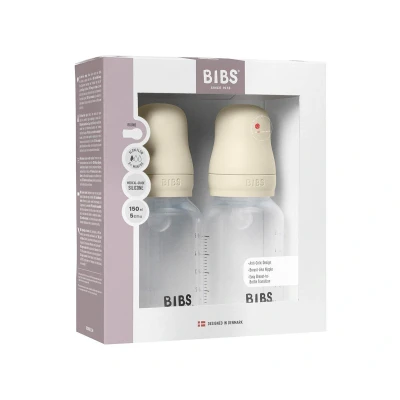 Image de Ensemble de 2 biberons BIBS d’une capacité 150 ml avec tétine en silicone fonction anti colique, sans bisphénol A, ronde, débit lent, convient aux nouveau nés Ivory