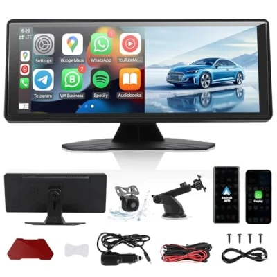 Image de Ecran Carplay Voiture avec sans Fil Android Auto, 720p Caméra de Recul, Tactile, Navigation, stéréo Lien Miroir, Bluetooth monté sur Le Pare Brise du Tableau d (10,26 IN)