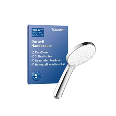 Image de Duravit Universal pommeau de douche, pomme douche avec 3 types jets (Rain, Intense Rain, Soft Rain), Tête ronde (Ø 110 mm), facile à nettoyer, chromé/blanc