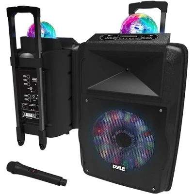 Image de Pyle Enceinte Bluetooth puissante 700W,Enceinte Active Karaoke,Enceinte Portable Rechargeable et Ensemble de Microphone avec MP3 USB Micro SD FM Radio AUX 1/4&quot; lumières DJ