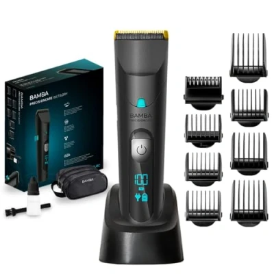 Image de Cecotec Tondeuse Bamba PRecisionCare Titanium. Batterie avec autonomie de 60 minutes. Lames en acier inoxydable revêtement titane, 3 Peignes pour barbe et cheveux (Wet&amp;Dry)